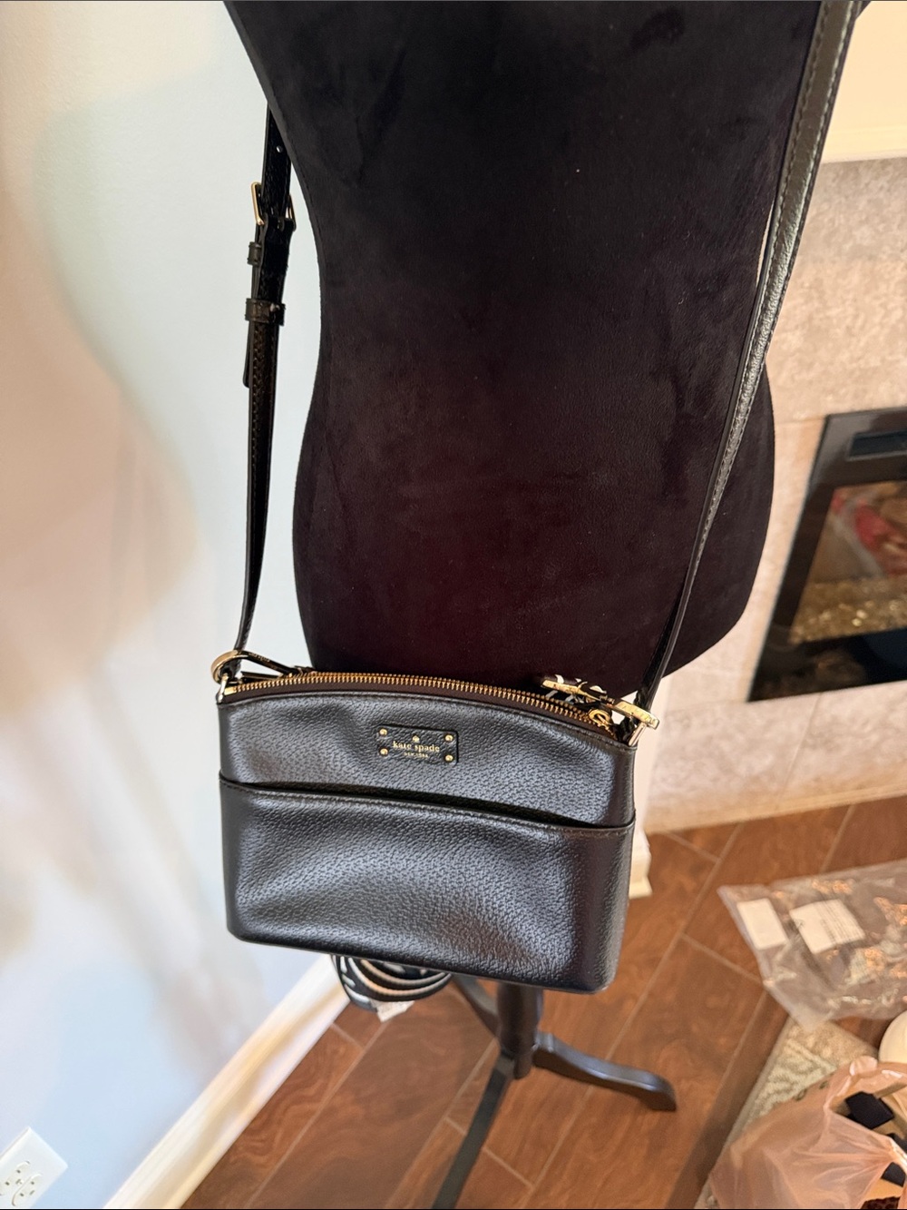 kate spade Black Pebbled Leather Crossbody with Striped Strap and Coin Pouch - Picture 2 of 5